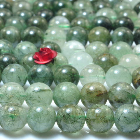 YesBeads Natural Green Rutilated Quartz smooth round beads gemstone 6-10mm 15"