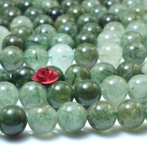 YesBeads Natural Green Rutilated Quartz smooth round beads gemstone 6-10mm 15"