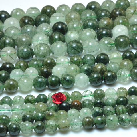 YesBeads Natural Green Rutilated Quartz smooth round beads gemstone 6-10mm 15"