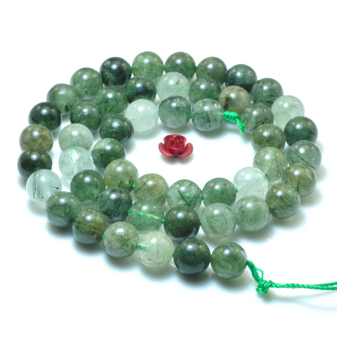 YesBeads Natural Green Rutilated Quartz smooth round beads gemstone 6-10mm 15"