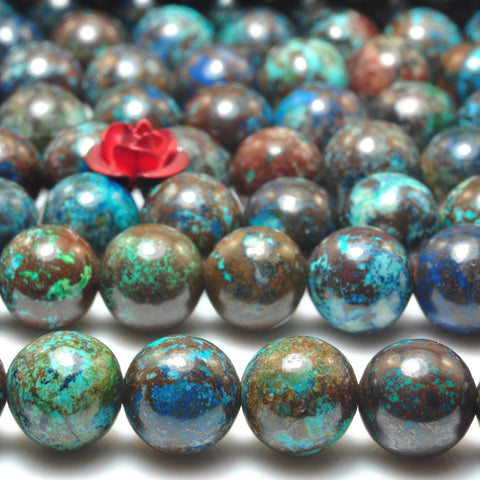 YesBeads Genuine Azurite natural blue brown gemstone smooth round beads 8mm 15"