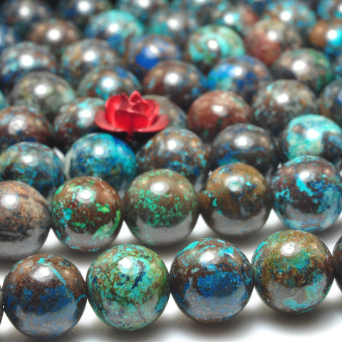 YesBeads Genuine Azurite natural blue brown gemstone smooth round beads 8mm 15"