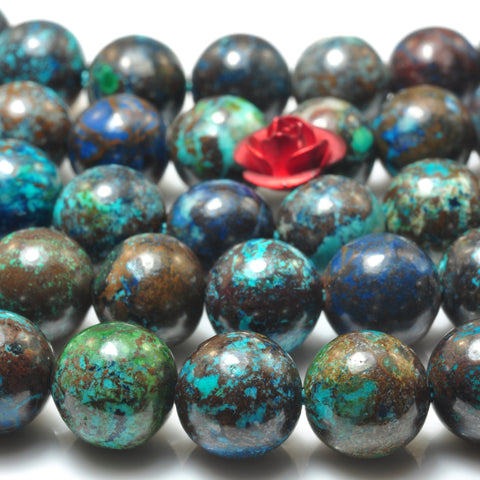 YesBeads Genuine Azurite natural blue brown gemstone smooth round beads 8mm 15"