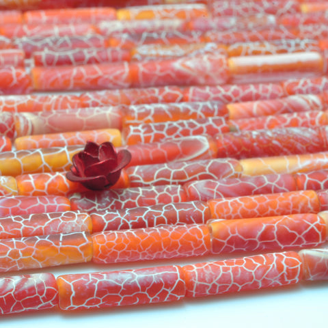 YesBeads Red Fire Agate crackle frosted matte tube beads gemstone wholesale jewelry making 15"