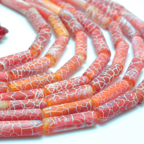 YesBeads Red Fire Agate crackle frosted matte tube beads gemstone wholesale jewelry making 15"