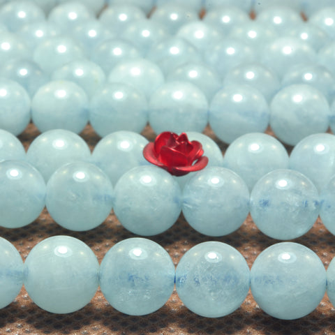 YesBeads Natural Aquamarine A grade smooth round beads blue gemstone wholesale 15"