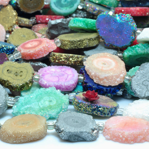 YesBeads Solar Quartz titanium multicolor rainbow druzy quartz matte slice flower beads 7.5"