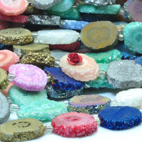 YesBeads Solar Quartz titanium multicolor rainbow druzy quartz matte slice flower beads 7.5"