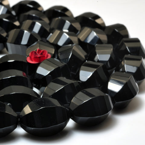 YesBeads Natural Black Onyx faceted drum loose beads gemstone wholesale jewelry making 15''