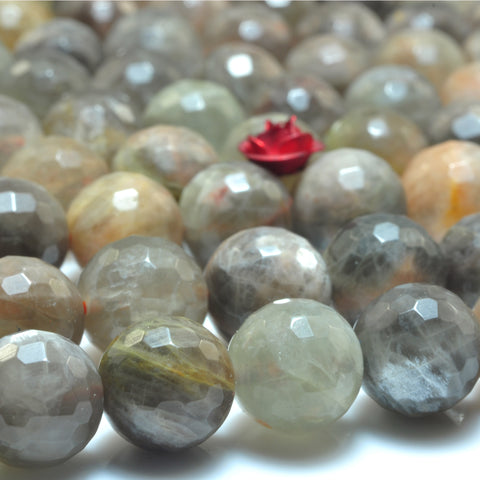YesBeads Natural Gray Sunstone faceted round loose beads wholesale gemstone jewelry making 15"