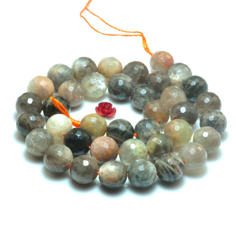 YesBeads Natural Gray Sunstone faceted round loose beads wholesale gemstone jewelry making 15"