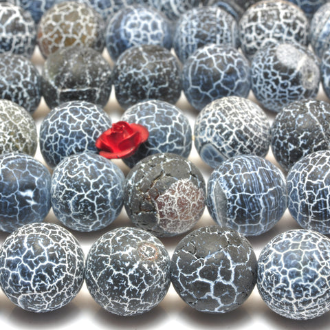 YesBeads Black Fire Agate matte round loose beads crackle agate wholesale gemstone jewelry making 15''