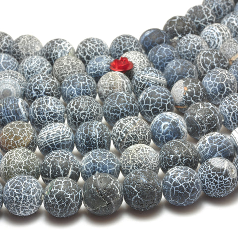 YesBeads Black Fire Agate matte round loose beads crackle agate wholesale gemstone jewelry making 15''