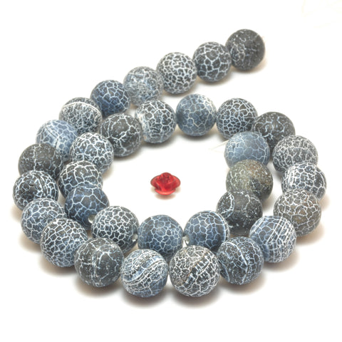YesBeads Black Fire Agate matte round loose beads crackle agate wholesale gemstone jewelry making 15''