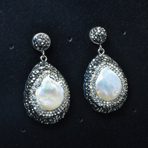 YesBeads Earrings white pearl CZ rhinestone crystal pave bead silver stud dangle earrings drop fashion jewelry