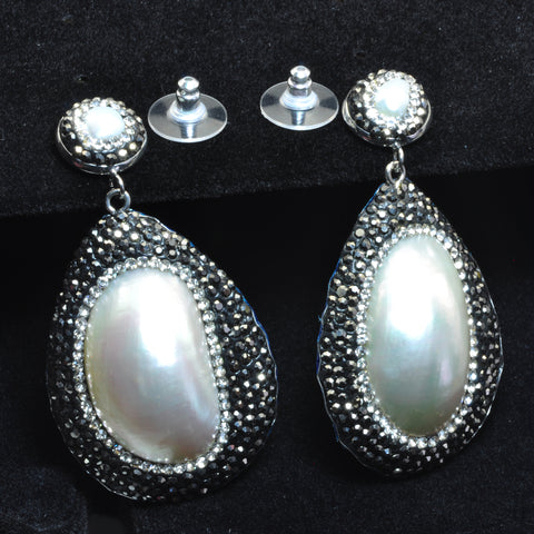 YesBeads Earrings white MOP shell CZ rhinestone crystal pave bead silver stud dangle earrings drop fashion jewelry