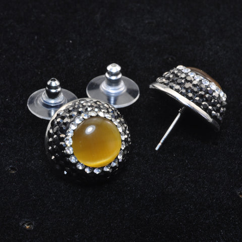 YesBeads Earrings Cat eye bead rhinestone crystal pave stud earrings coin shape whoelesale fashion jewelry