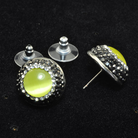 YesBeads Earrings Cat eye bead rhinestone crystal pave stud earrings coin shape whoelesale fashion jewelry