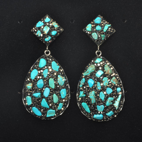 YesBeads Earrings Blue Turquoise chip beads CZ rhinestone crystal pave stud dangle earrings drop fashion jewelry