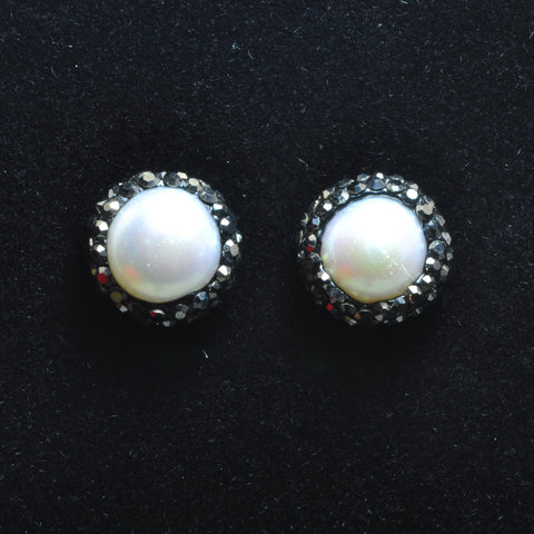 YesBeads Earrings CZ rhinestone crystal pave pearl beads stud earrings coin shape whoelesale fashion jewelry