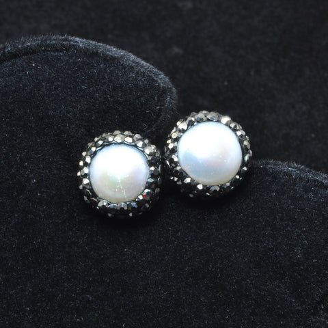 YesBeads Earrings CZ rhinestone crystal pave pearl beads stud earrings coin shape whoelesale fashion jewelry