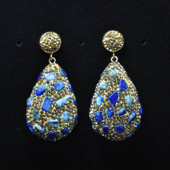 YesBeads Earrings Lapis lazuli chip beads CZ rhinestone crystal pave gold stud dangle earrings drop fashion jewelry