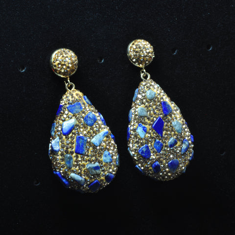 YesBeads Earrings Lapis lazuli chip beads CZ rhinestone crystal pave gold stud dangle earrings drop fashion jewelry