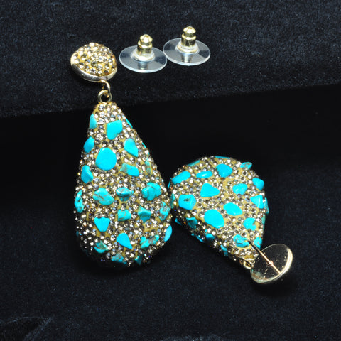 YesBeads Earrings Blue Turquoise chip beads CZ rhinestone crystal pave gold stud dangle earrings drop fashion jewelry