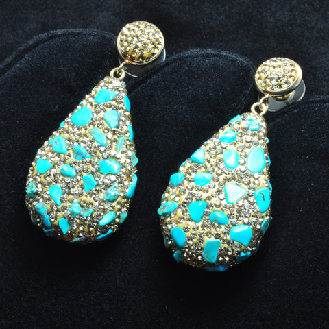 YesBeads Earrings Blue Turquoise chip beads CZ rhinestone crystal pave gold stud dangle earrings drop fashion jewelry