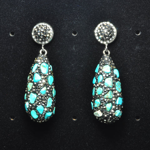 YesBeads Earrings CZ pave rhinestone crystal blue turquoise chips bead stud dangle earrings teardrop fashion jewelry