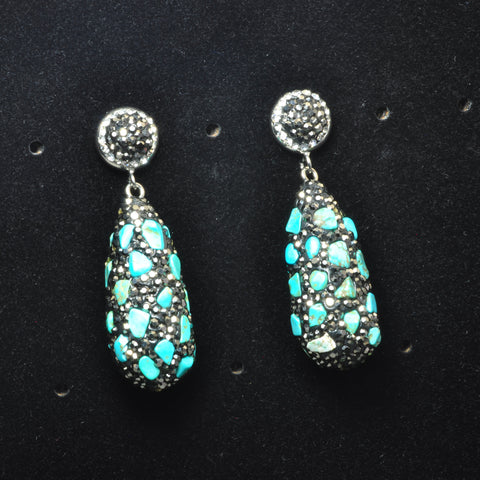 YesBeads Earrings CZ pave rhinestone crystal blue turquoise chips bead stud dangle earrings teardrop fashion jewelry
