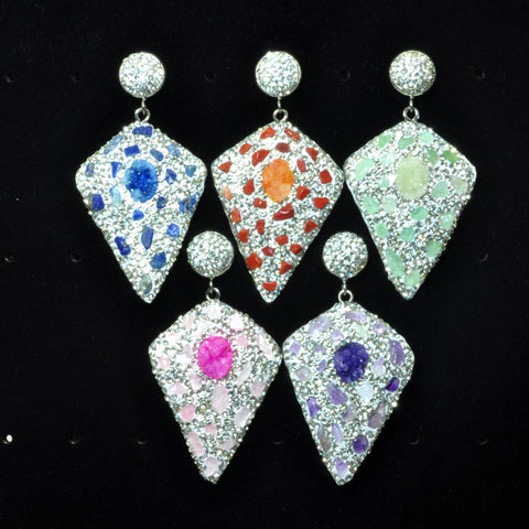 YesBeads Earrings Druzy quartz and stone chips bead CZ pave rhinestone crystal stud dangle earrings cone shape jewelry