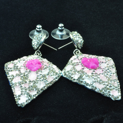 YesBeads Earrings Druzy quartz and stone chips bead CZ pave rhinestone crystal stud dangle earrings cone shape jewelry