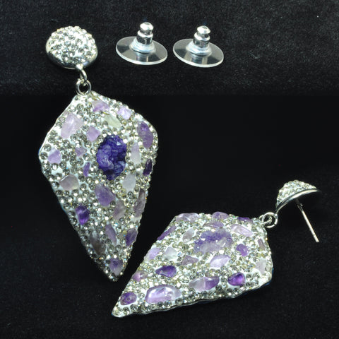 YesBeads Earrings Druzy quartz and stone chips bead CZ pave rhinestone crystal stud dangle earrings cone shape jewelry