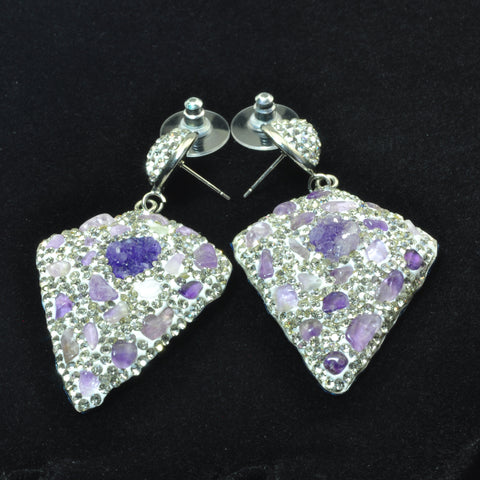 YesBeads Earrings Druzy quartz and stone chips bead CZ pave rhinestone crystal stud dangle earrings cone shape jewelry