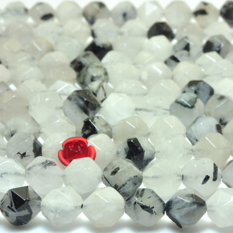 YesBeads Natural Black Rutilated Quartz star cut faceted nugget beads gemstone wholesale jewelry making 15"