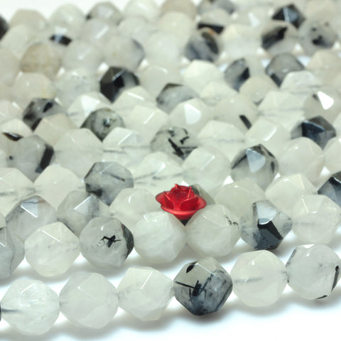YesBeads Natural Black Rutilated Quartz star cut faceted nugget beads gemstone wholesale jewelry making 15"