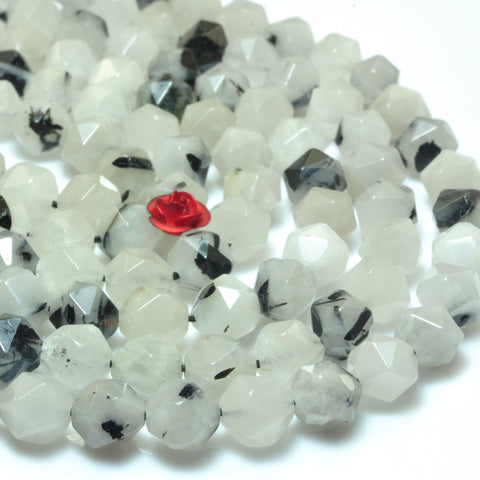 YesBeads Natural Black Rutilated Quartz star cut faceted nugget beads gemstone wholesale jewelry making 15"