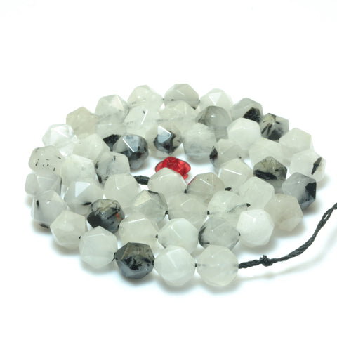 YesBeads Natural Black Rutilated Quartz star cut faceted nugget beads gemstone wholesale jewelry making 15"