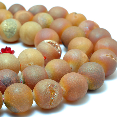 YesBeads Orange Druzy Agate titanium coated agate matte round loose beads wholesale gemstone jewelry making 15"
