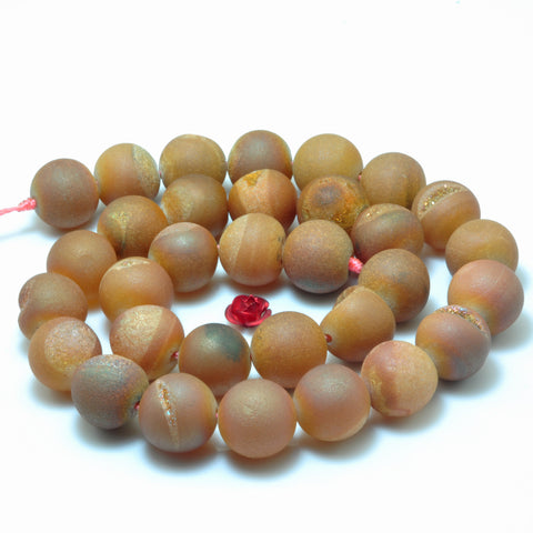 YesBeads Orange Druzy Agate titanium coated agate matte round loose beads wholesale gemstone jewelry making 15"