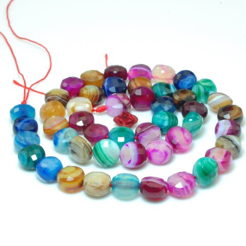 YesBeads Rainbow Banded Agate mix color gemstone faceted coin beads wholesale jewelry making 15"