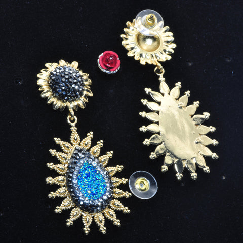 YesBeads Earrings druzy quartz pave rhinestone crystal CZ bead gold plated flower stud earrings drop jewelry gift