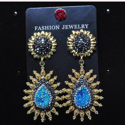 YesBeads Earrings druzy quartz pave rhinestone crystal CZ bead gold plated flower stud earrings drop jewelry gift