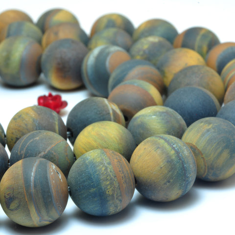 YesBeads Natural Tiger Eye matte round beads yellow blue gemstone wholesale jewelry 15"