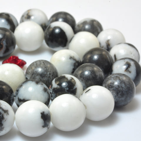 YesBeads Natural Black Zebra jasper smooth loose round beads gemstone wholesale jewelry 15"