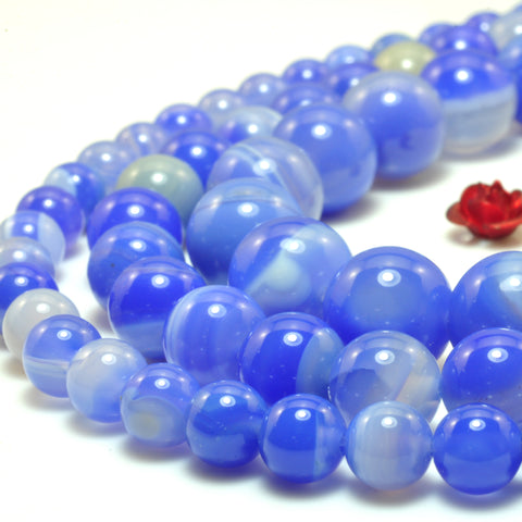 YesBeads Blue Banded Agate smooth round loose beads wholesale gemstone jewelry 15"