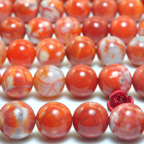YesBeads Orange Fire Agate smooth round loose beads wholesale gemstone jewelry 10mm 15"