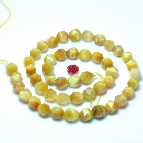 YesBeads Natural Golden Tiger Eye star cut faceted nugget beads yellow gemstone 15"