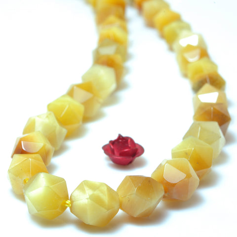 YesBeads Natural Golden Tiger Eye star cut faceted nugget beads yellow gemstone 15"